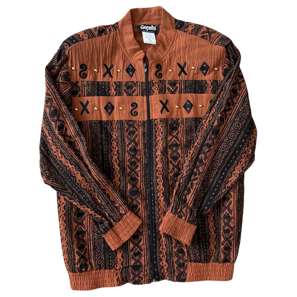 Vintage Gepetto Black and Brown Patterned Lightweight Bomber Jacket Unisex Small